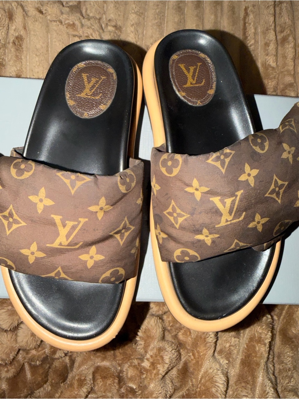 Louis Vuitton Brown and Black Monogram Slide Sandals